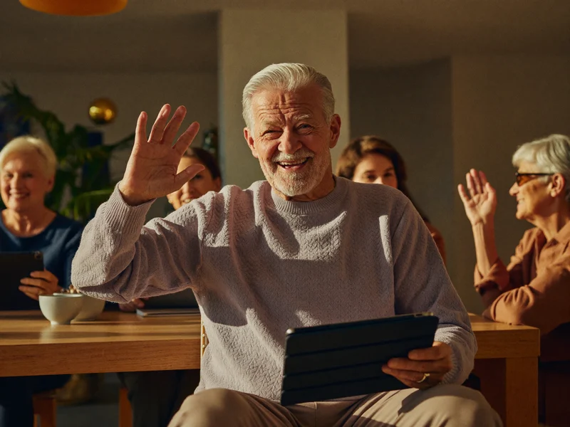 Illustrazione: piccolo gruppo di senior con tablet durante una videochiamata con i familiari